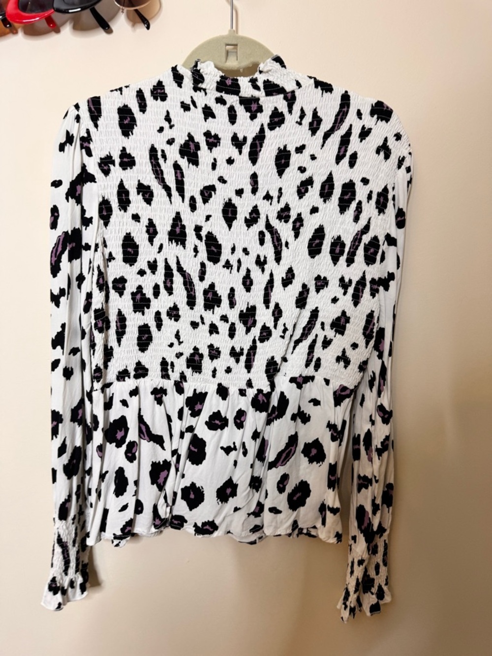 SHEIN White Leopard Print Smocked Long-Sleeve Top with Lavender Accents - Picture 2 of 3